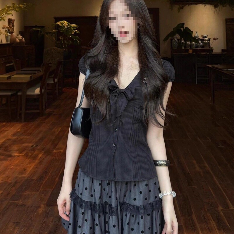 韩系黑色蝴蝶结收腰显瘦短袖衬衫上衣女夏季波点显瘦半身裙两件套|undefined