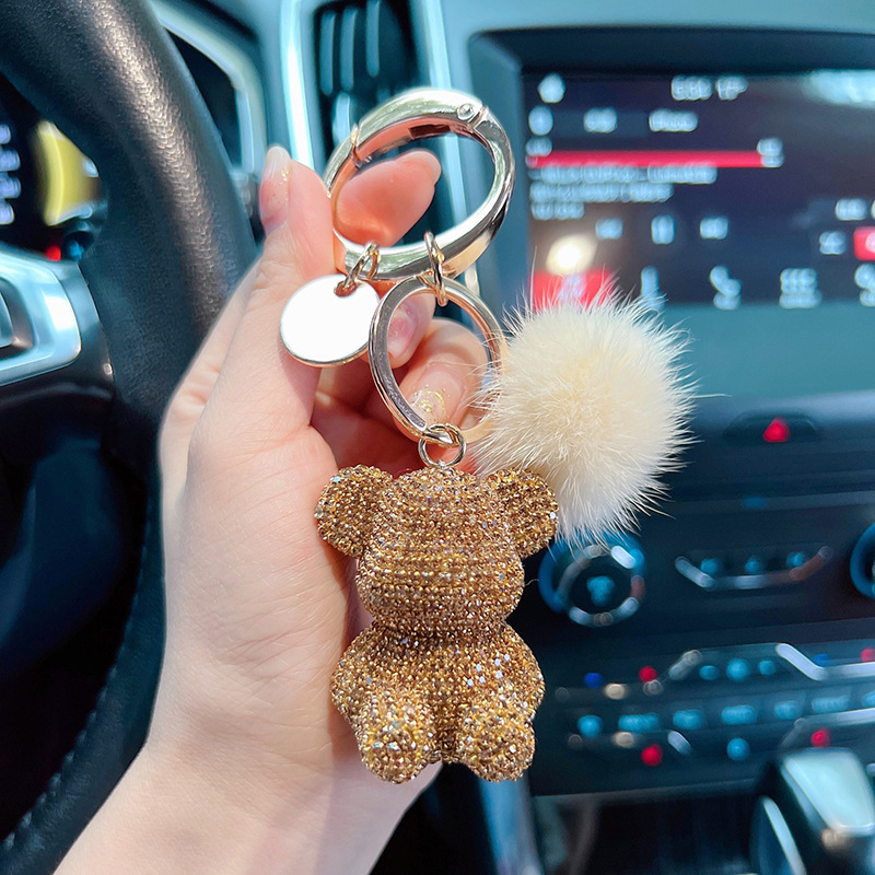 Nuevos productos de moda lindos viento gran botón redondo visón completo diamante osos llavero creativo pareja llavero colgante regalo