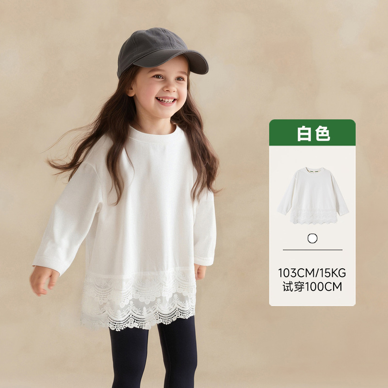 Tongbei 子供服 2025 秋の新作女の子スイート Tシャツレースステッチミッドレングスラウンドネックボトムシャツ|undefined