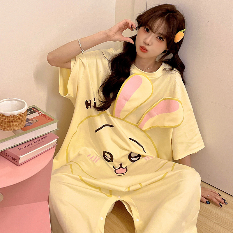 Women's one-piece pajamas, summer short-sleeved, thin cotton, cartoon crazy rabbit nightgown, cute student home wear