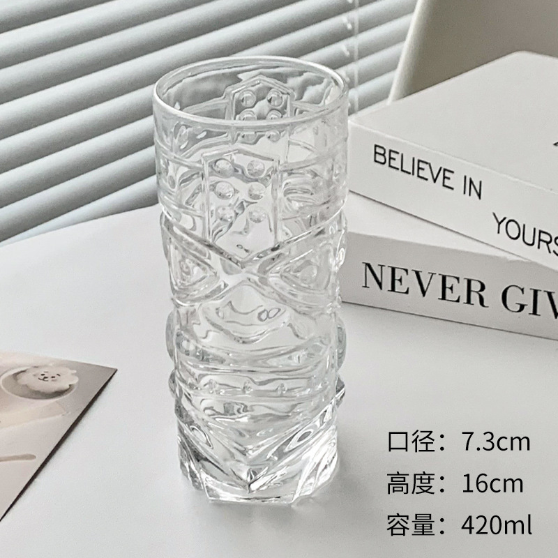 Sanxingdui vaso de vidrio en relieve, vaso de agua transparente, vaso de bebida fría, vaso de vino creativo, vaso de nicho personalizado