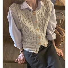 【2点セット】麻花ニット袖なしベストベストベスト女性早秋ゆるい痩せたカーディガン重ね着上着潮