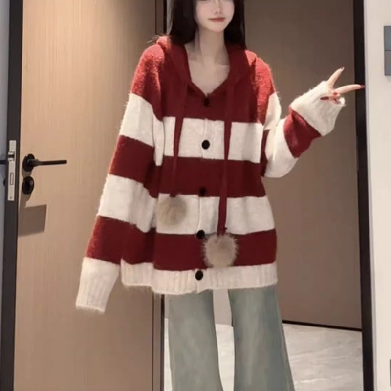 撞色条纹连帽针织开衫女装秋季宽松百搭毛球抽绳宽松长袖毛衣外套