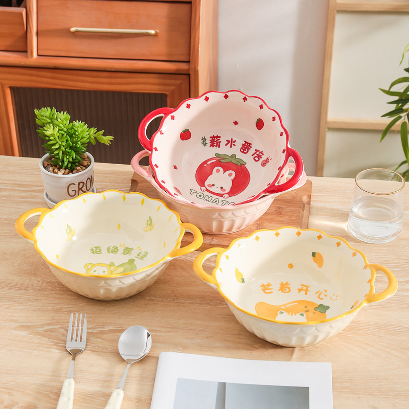 Net red creative Fruit Bowl ins cute large instant noodle bowl household soup bowl underglaze color ceramic bowl dish tableware