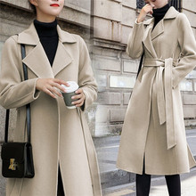 新款韩版秋冬宽松大码中长款系带毛呢外套女显瘦呢子大衣外贸跨境