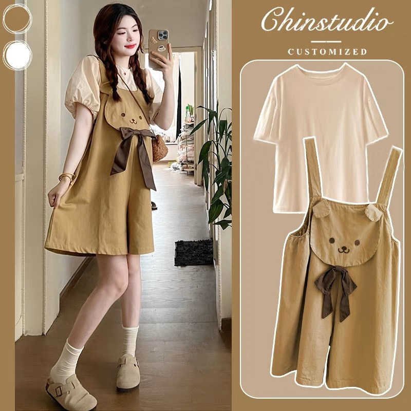 Maternity Wear Summer Two-Piece Set Fashionable Short-Sleeved T-Shirt Age-Reducing Maternity Overalls Cute Pregnancy Belly-Covering Set