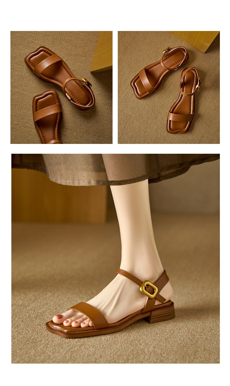 Sandal quai ngang hở mũi vuông đế bệt khóa đơn giản cỡ lớn 34–43 — Màu nâu chi tiết 8