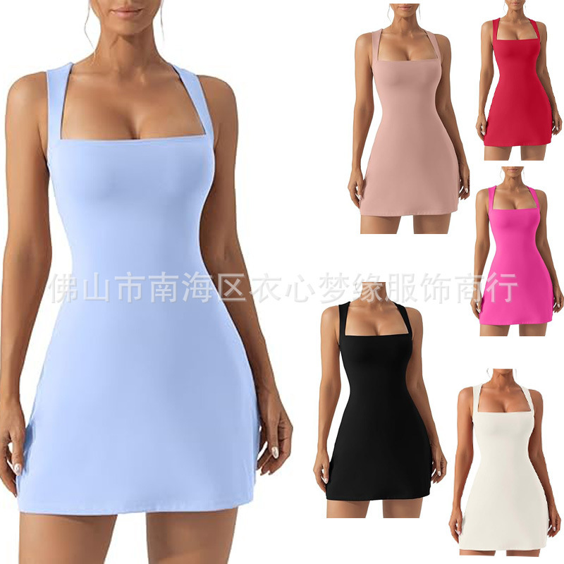 Amazon cross-border 2023 Women's square collar tight dress sleeveless vest stretch horn mini dress