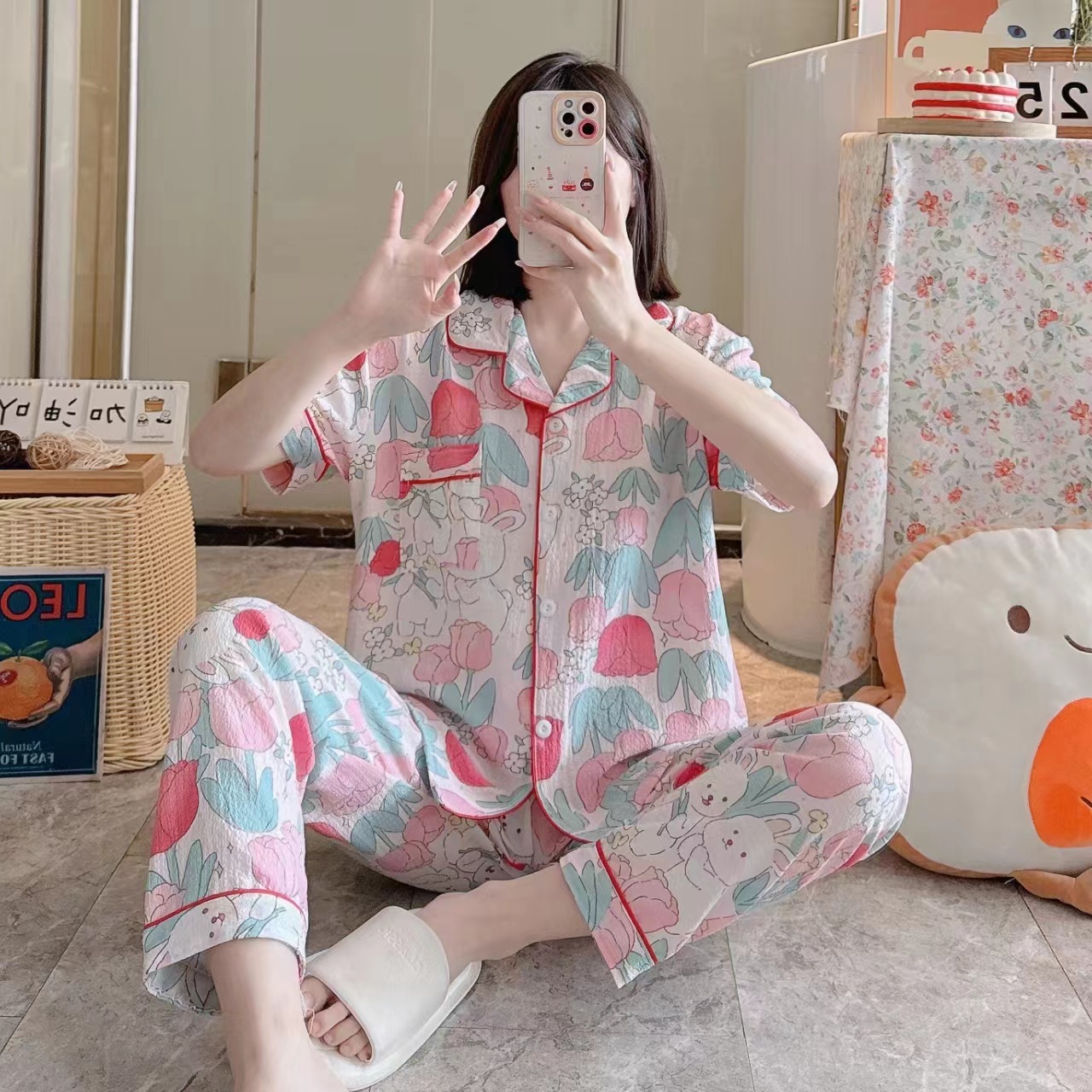 Pajamas de espuma tejidos de verano de algodón pantalones largos de mangas cortas ropa para el hogar de verano delgada de algodón conjunto de dos piezas