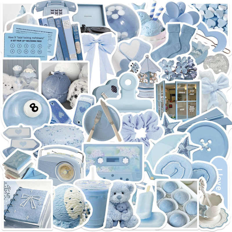 50 Cartoon Light Blue Ins-Style Graffiti Stickers for Guitar, Notebook, Suitcase, DIY Waterproof Stickers, Cross-Border Wholesale