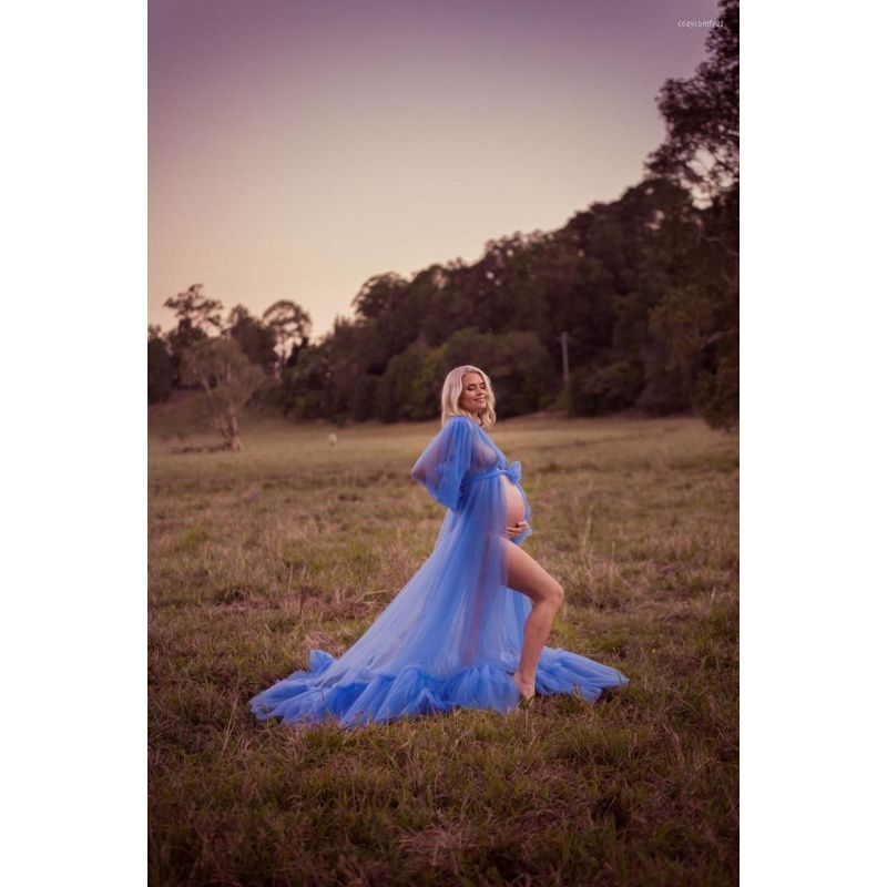 2026 European and American Style Nightgown for Pregnant Women, Blue Mesh Long Gown, Studio Photography Clothing, Mesh Dress, Evening Dress, Sleepwear for Women