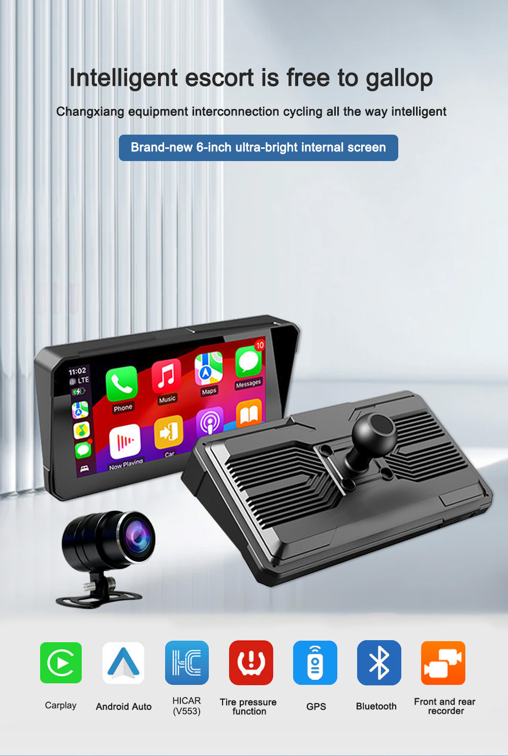 Cross-Border 6inch Motorcycle Dash Cam Wireless Carplay Android Auto Gps Screen Projection Recorder