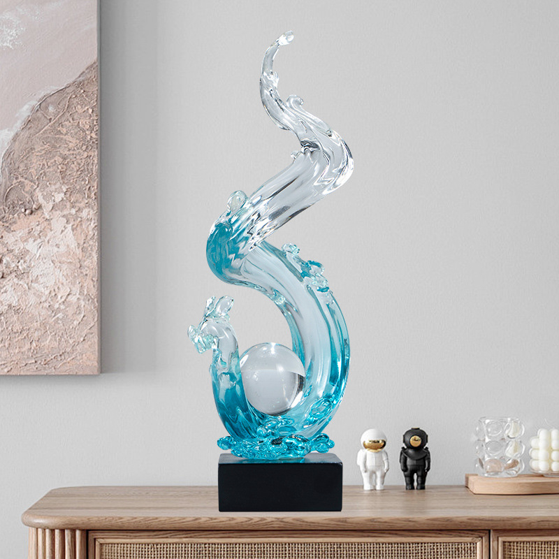 家居办公室风生水起酒柜电视柜软装饰品新中式透明树脂艺术摆件