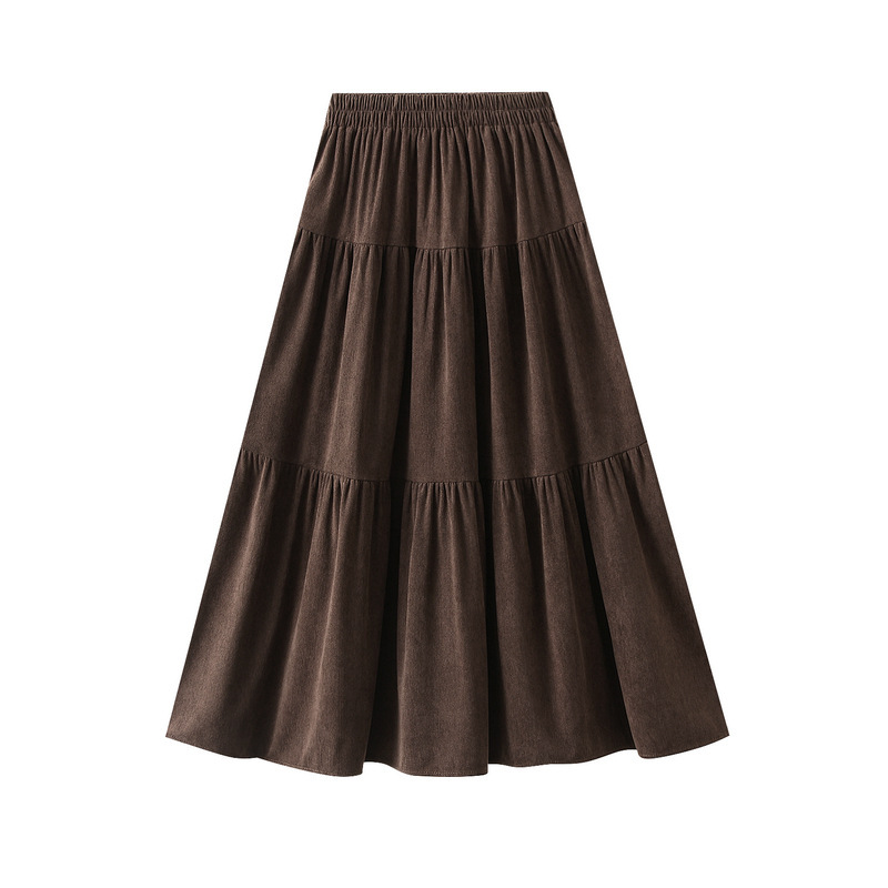 Corduroy Brown Large Hem Skirt A-Line Skirt Women's Autumn and Winter Slim Mid-Length Skirt Long Skirt 2112