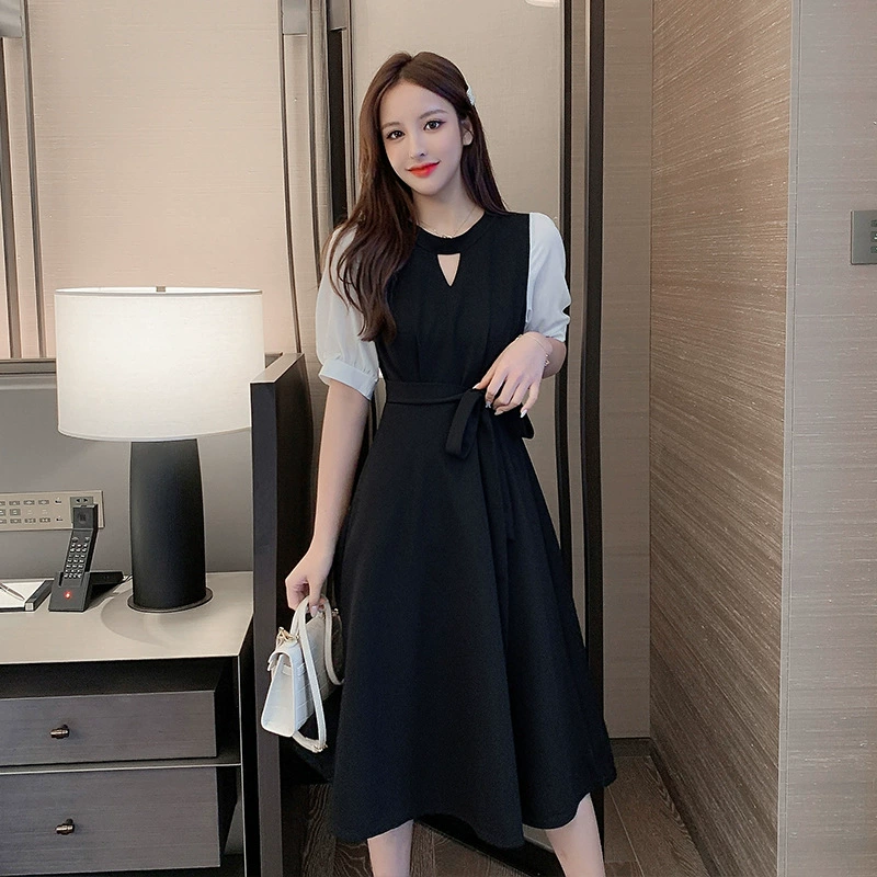 Модное платье 2021, новое французское черное платье с короткими рукавами и талией для похудения, закрывающее живот, большие размеры, женский стиль средней длины