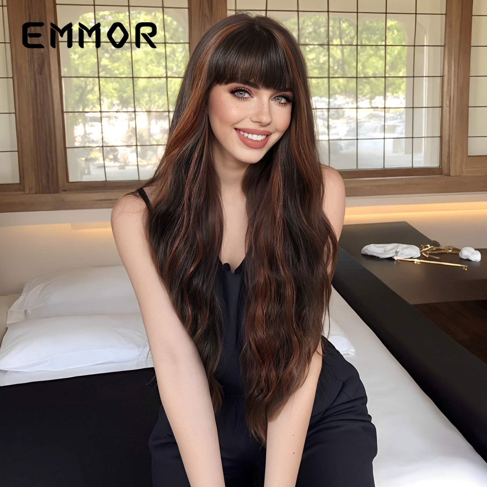 Estilo europeo y americano rojo vino flequillo olas grandes y cintura larga rizada temperamento peluca de moda cabello completo tipo wigs