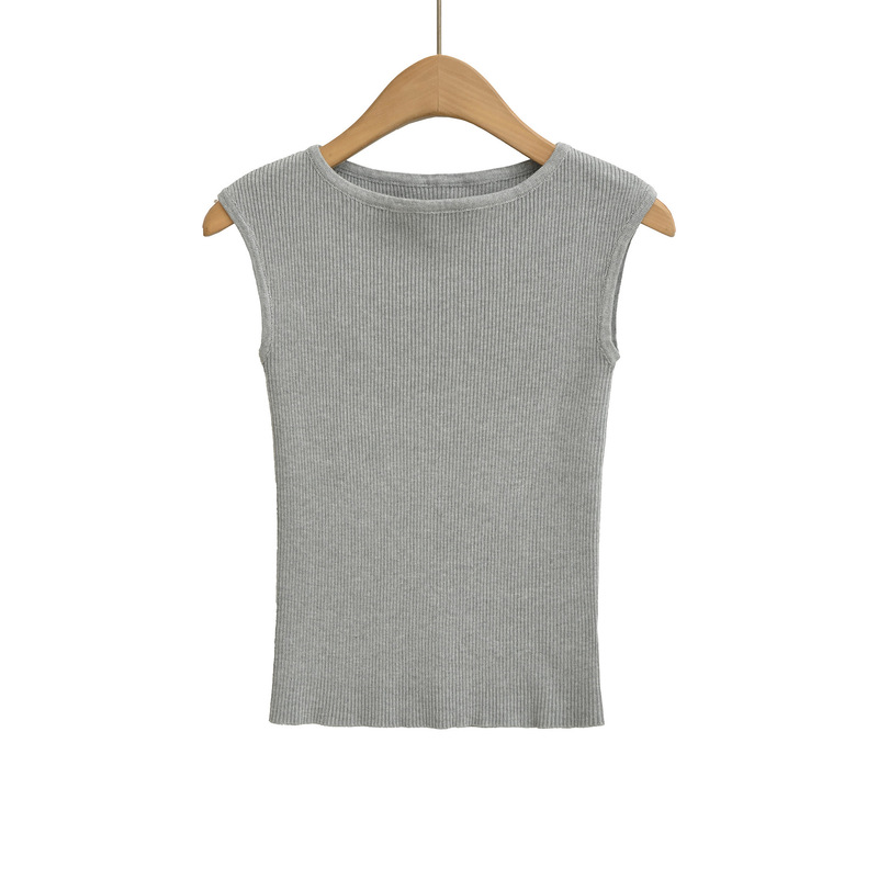 Simple Style Hot Girl Slim Knitted Vest Feminine Boat Neck Pure Color Vertical Pattern Elastic Top Sleeveless Bottoming Shirt