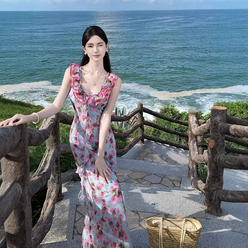 实拍茶歇法式领碎花连衣裙女夏海边度假绝美收腰气质长裙子