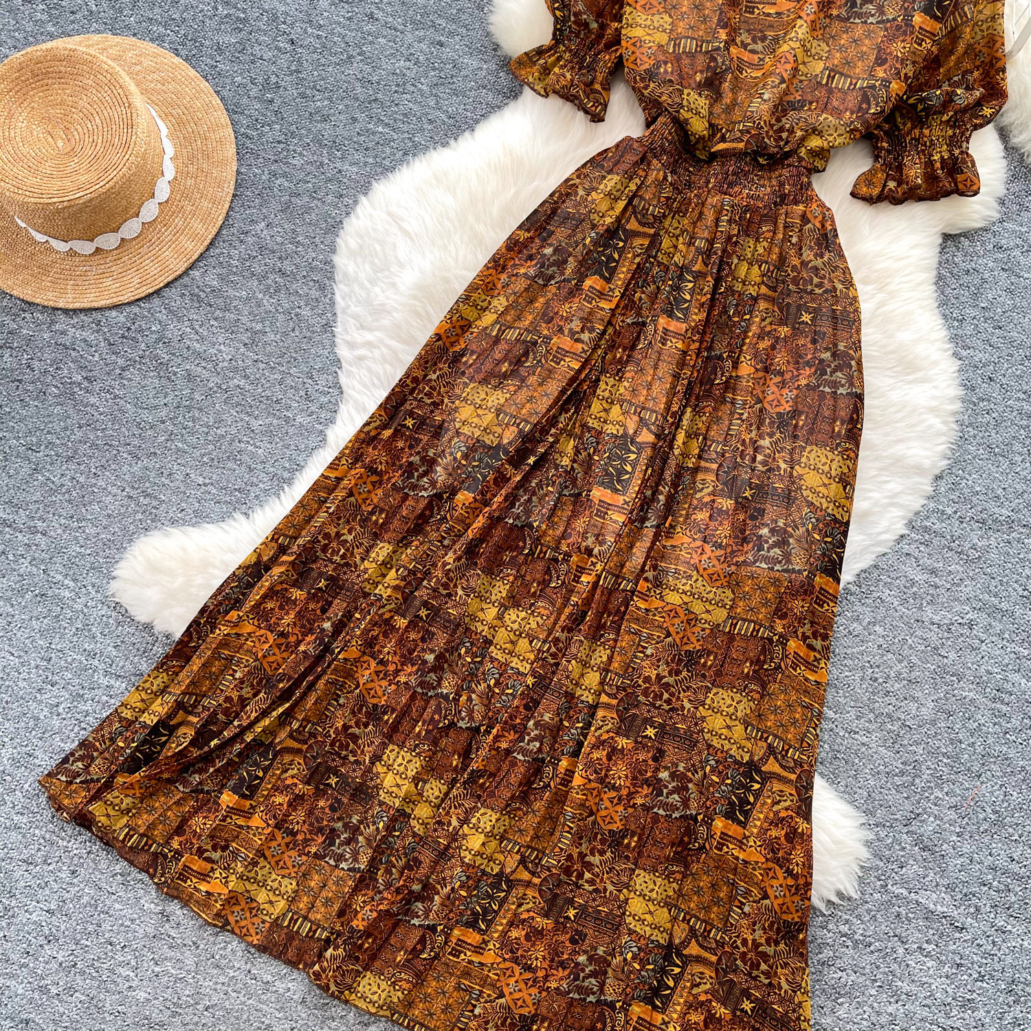 Retro Printed Dress Short Sleeved a Line Skirt Long Slimming Elegant Summer Women's Clothing_ecoleips.com