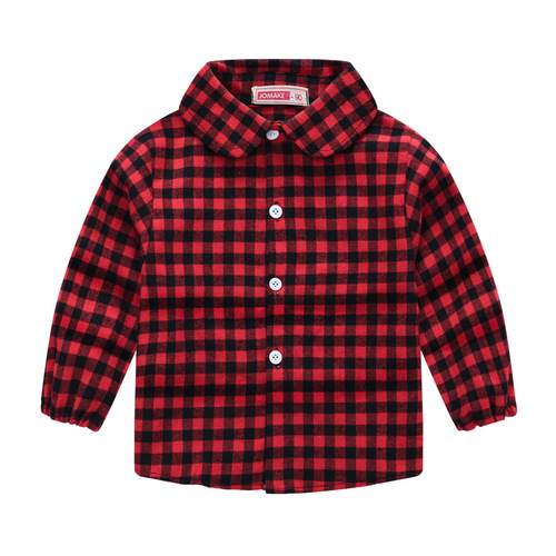 New children's spring and autumn casual long-sleeved tops Korean style plaid shirts for boys and girls, medium and small children's trendy brushed shirts