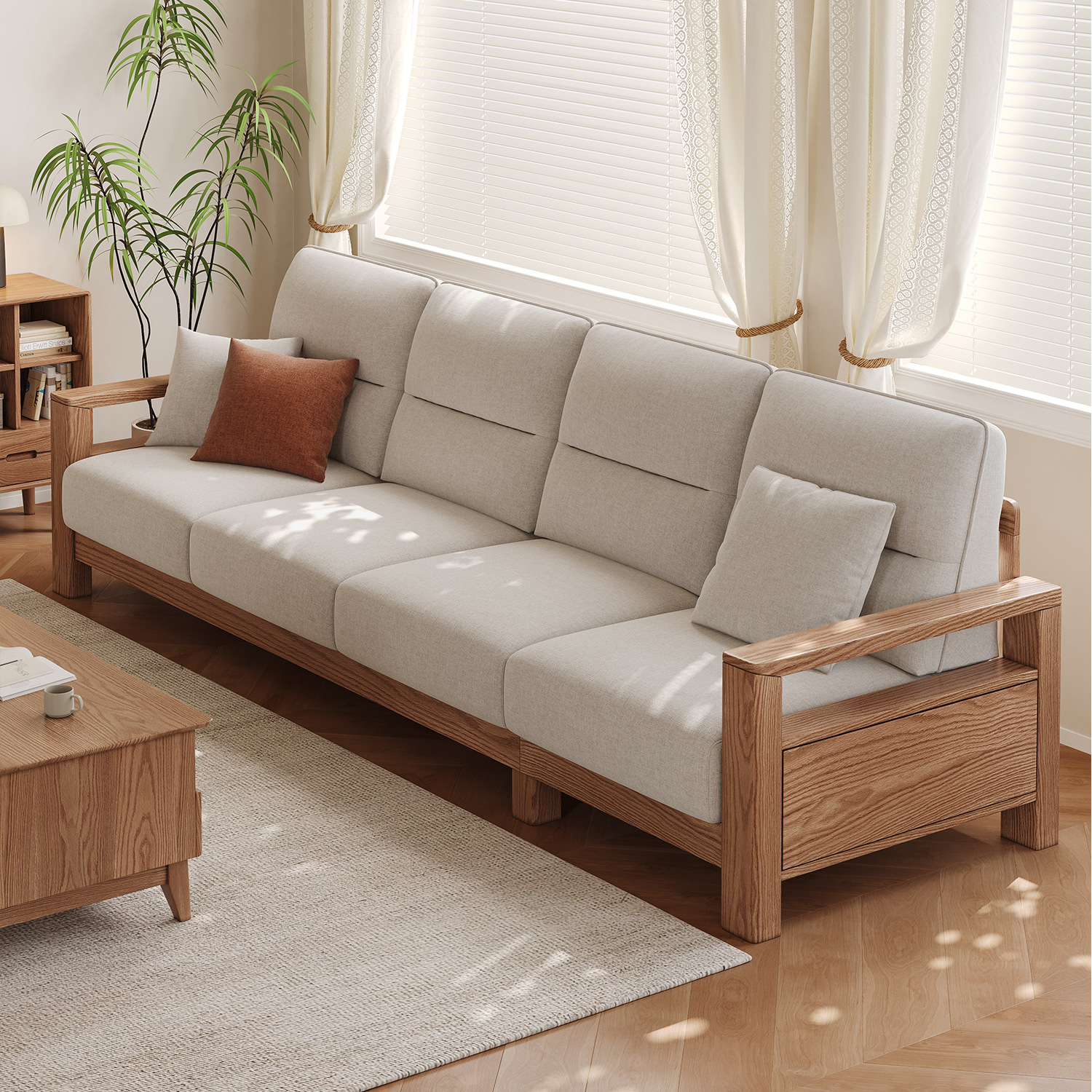 All Solid Wood Sofa New Chinese Style Ash Wood Fabric Sofa Modern Simple Nordic Large Living Room Log Furniture
