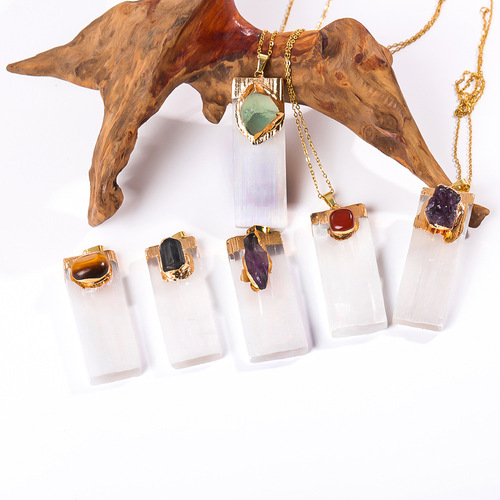 Natural plaster inlaid crystal gemstone pendant foreign trade jewelry irregular crystal raw stone necklace pendant cross-border