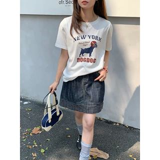 GAGD 随性好搭 美式复古印花短袖T恤女 韩系减龄圆领短袖T恤上衣