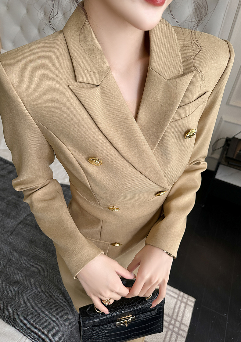 Đầm bodycon công sở cổ vest ôm eo chân váy dài — Màu vàng camel chi tiết 5