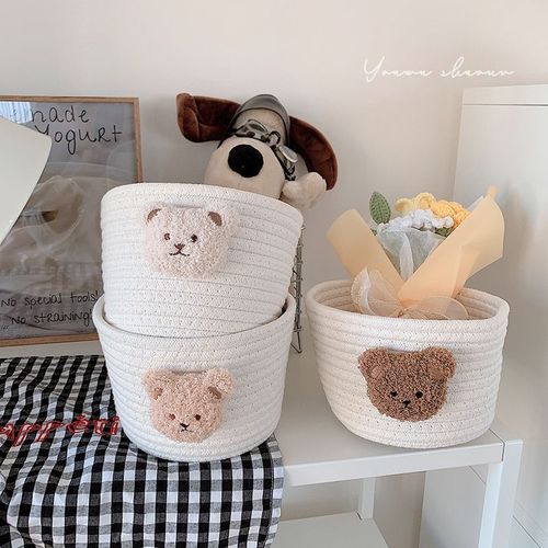 Ins-style cotton rope storage basket, woven teddy bear desk organizer, storage basket for miscellaneous hair clips, hair ties, keys, and item holder