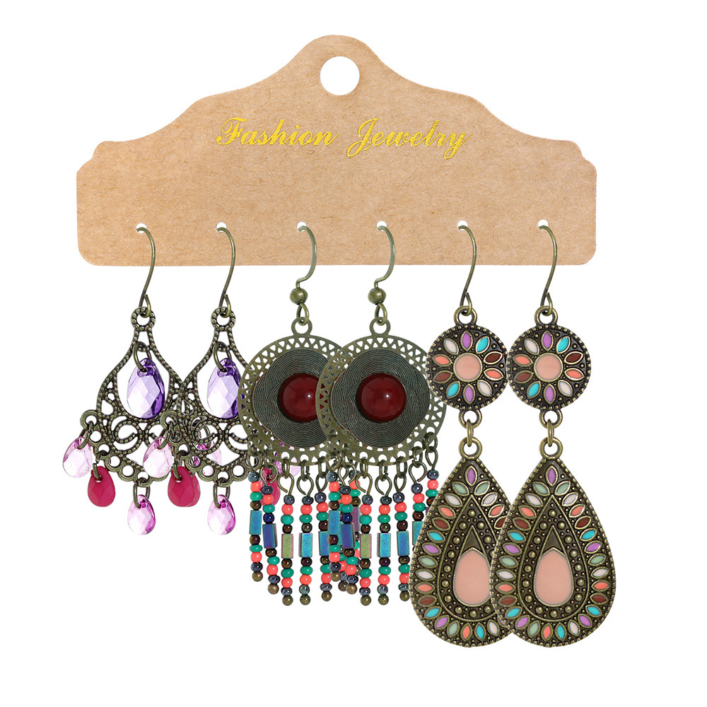 Vintage Earrings Set Combination Women's Ethnic Earrings Round Metal Tassel Earrings Cross-border Hand-woven Accessories