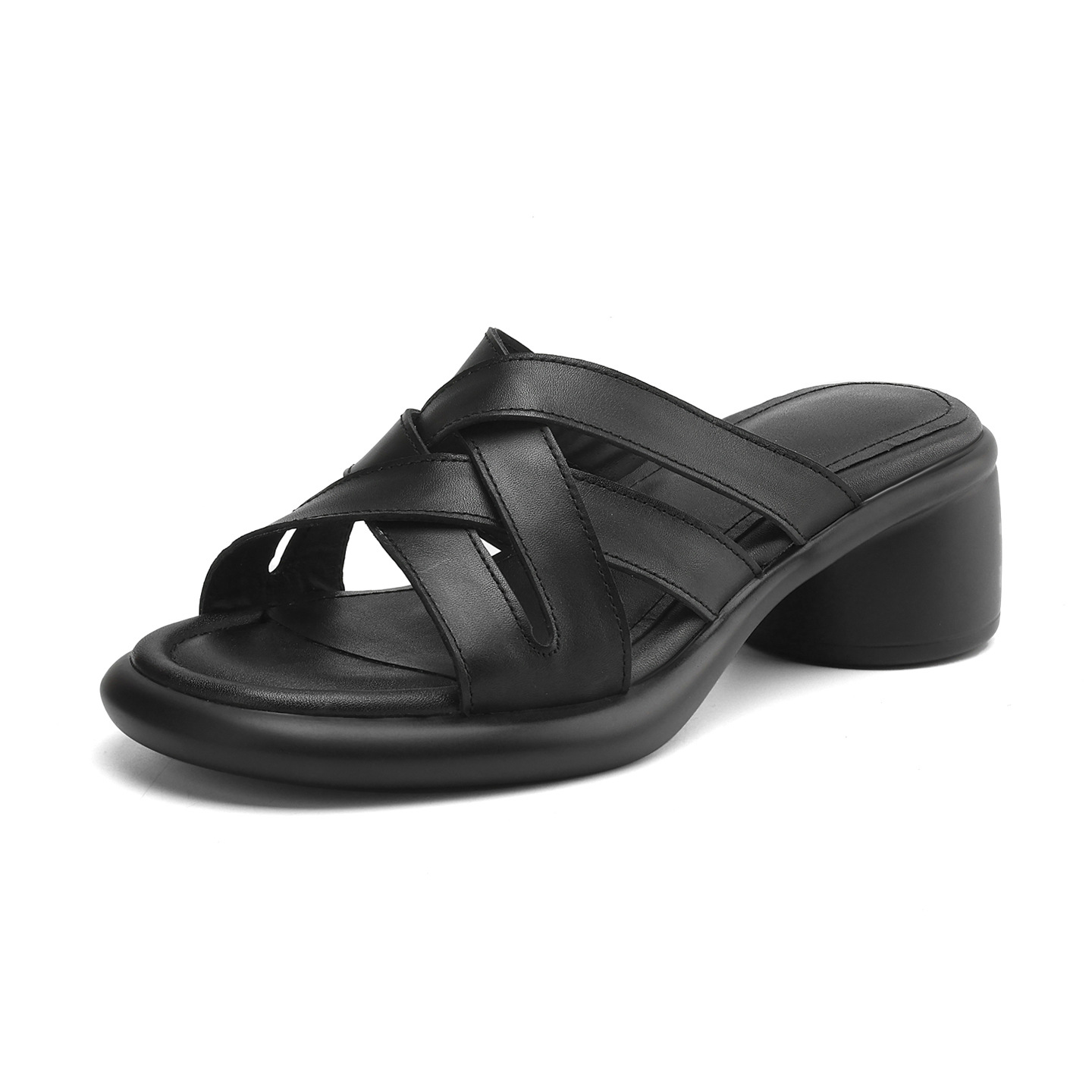 Sandal cao gót nữ mũi tròn hở ngón, da bò gót vuông 9 cm — đen