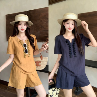 2025 New Summer Clothes for Fat mm Plus Size Women's Casual Tencel Tassel Short-Sleeved Slimming Look Shorts Suit