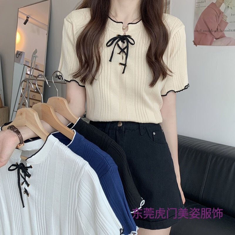 2023 New Summer Thin Ice Silk Knitwear Women's Short-Sleeved Design Niche Short Half-Sleeved T-Shirt Top 2023 New Summer Thin Ice Silk Knitwear Women's Short-Sleeved Design Niche Short Half-Sleeved T-Shirt Top