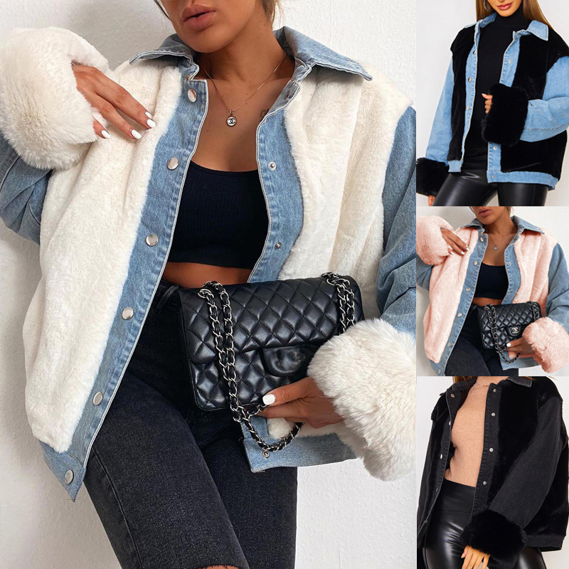 denim velvet keep warm demi-season jacket