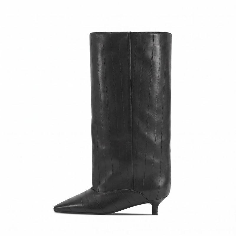 European and American Style Long Boots with Wide Shafts, Kitten Heels, Eel-Patterned Texture, Large Size Knee-High Boots, Hot-Selling Across Borders