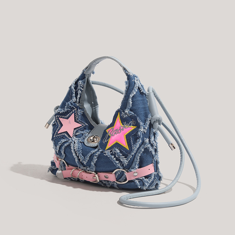 Niche women's bag high-grade texture portable Crescent bag versatile fashion Denim messenger bag five-pointed star punk hot girl style