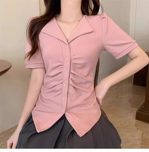 Large size French short-sleeved shirt, women's summer new style, shoulder-shouldered T-shirt, fat and skin-covering pink top, jin