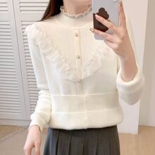加绒加厚洋气半高领蕾丝一体绒毛衣女2025秋冬新款打底针织衫上衣
