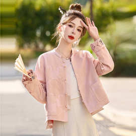 粉色新中式国风外套女短款2025春季新款提花刺绣前短后长洋气上衣