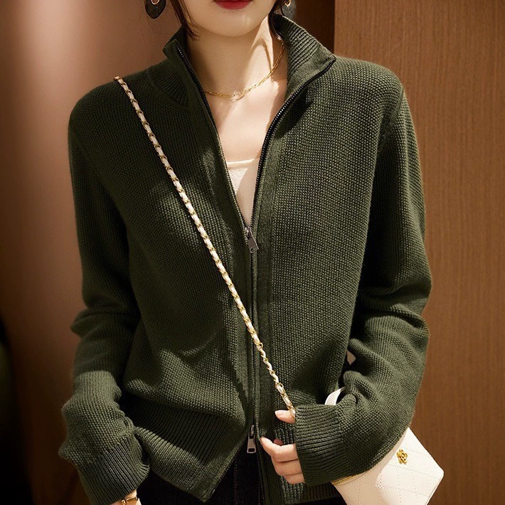 Осенний новый маленький вертикальный воротник двойной молнии дизайн чувствует шерстяной вязаный кардиган