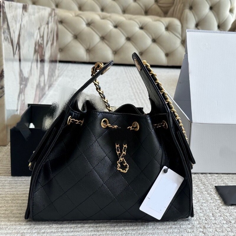 25Bag Quilted Retro Hobo Small Bucket Shoulder Underarm Bag Large Capacity Drawstring Chain Women's Bag