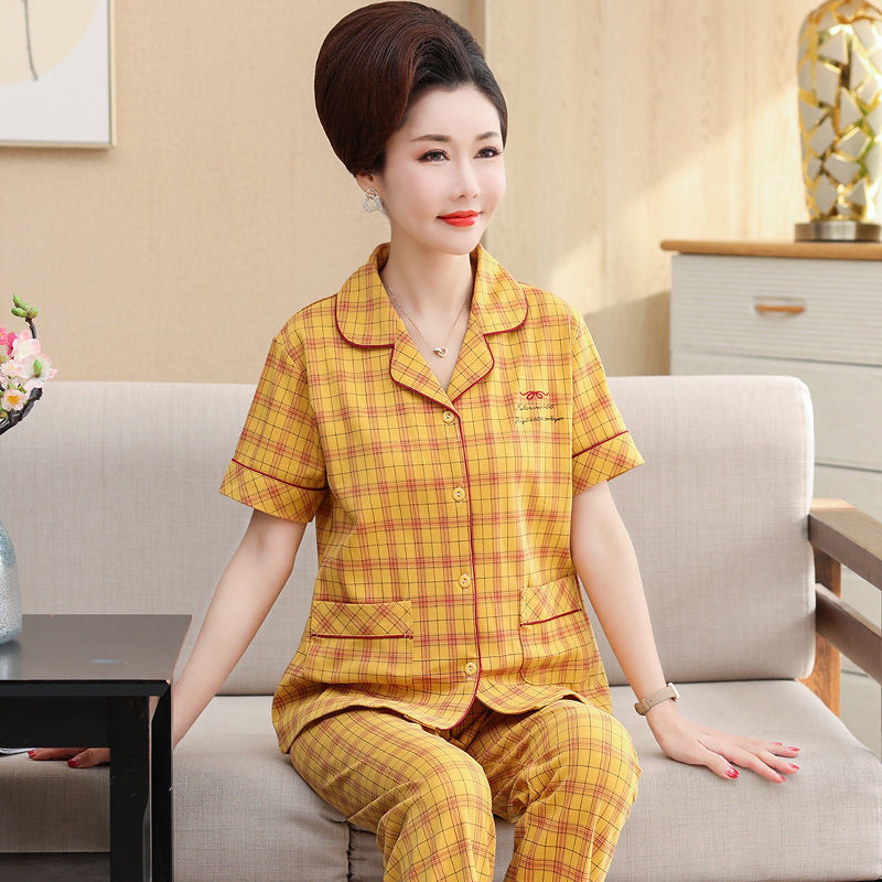 Pijama de algodón de verano Pantalones de manga corta para mujer de mediana edad traje de Rebeca de talla grande Delgado homewear