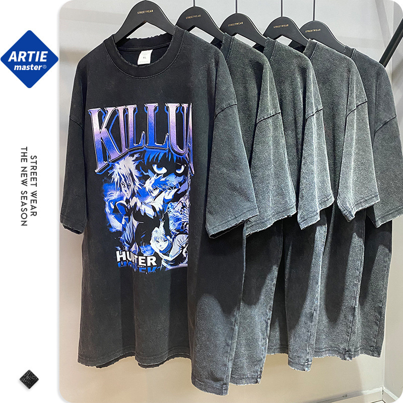 ARTIE ropa de Hombre | dibujos animados de la calle europea y americana Retro lavado hombres de moda de manga corta lavado pesado camiseta de los hombres viejos