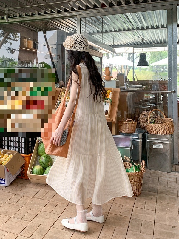 跨境 减龄圆领条纹无袖连衣裙女夏天巨看长裙海边度假宽松裙|undefined