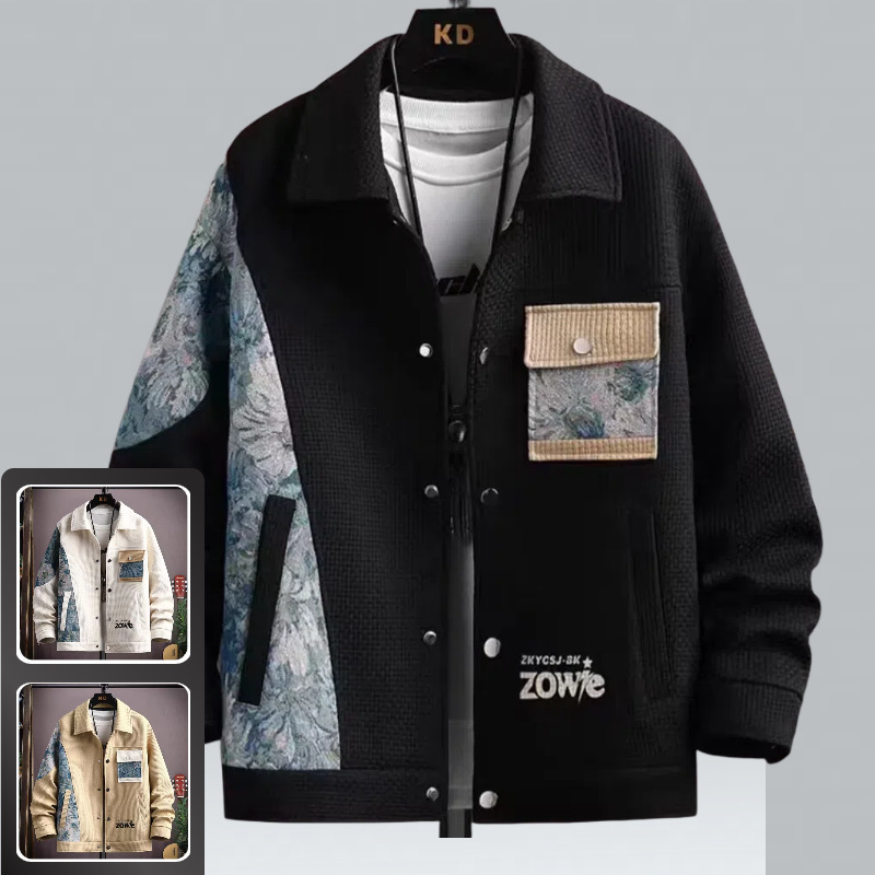 Men's Ethnic Style Patchwork Turn-Down Collar Jacket for Spring and Autumn 2025 New Trendy Outerwear Men's Ethnic Style Patchwork Turn-Down Collar Jacket for Spring and Autumn 2025 New Trendy Outerwear