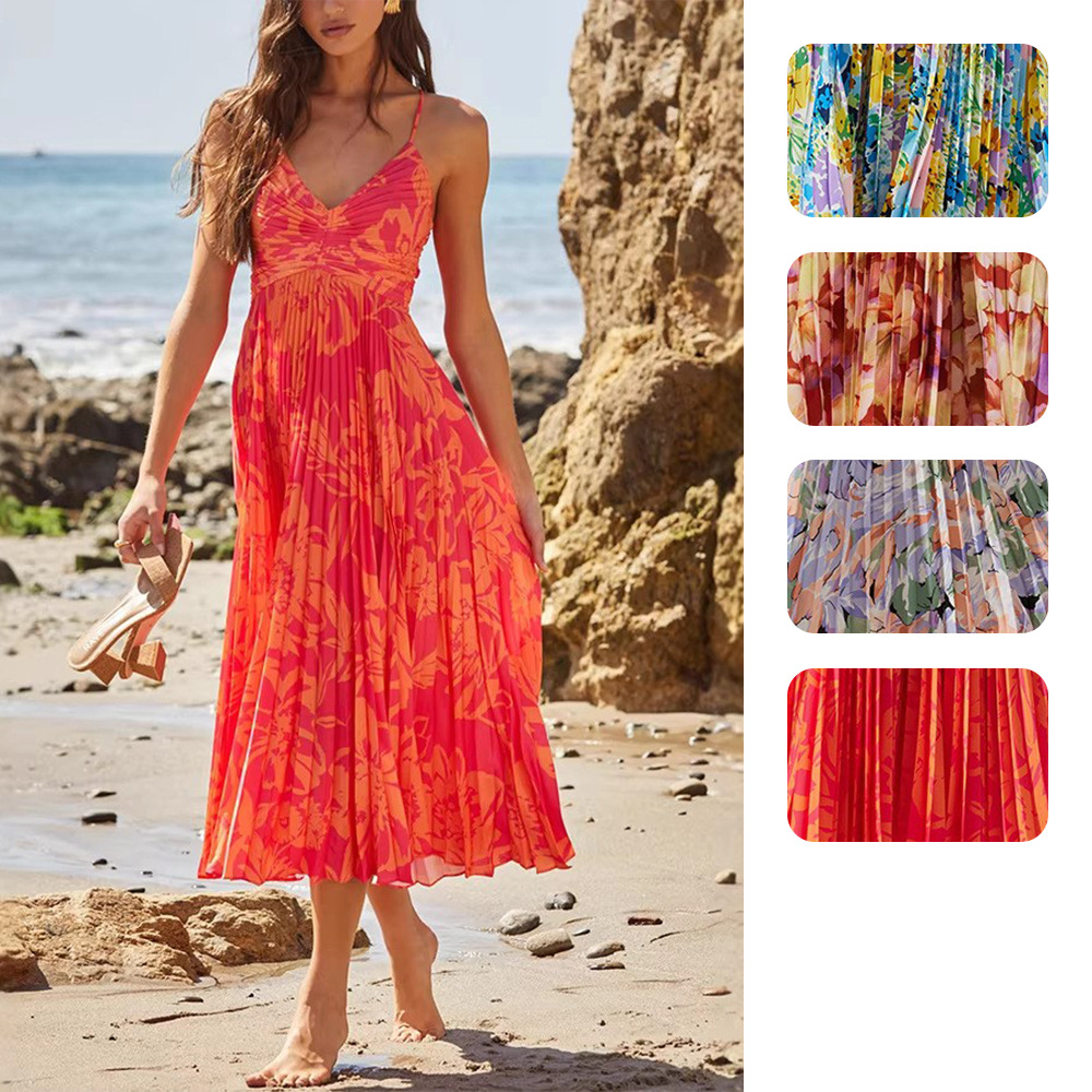 아마존 국경 유럽 및 미국 여성의 V-목 스트랩 원피스 인쇄 민소매 해변 Pleated 패션 섹시한 8087
