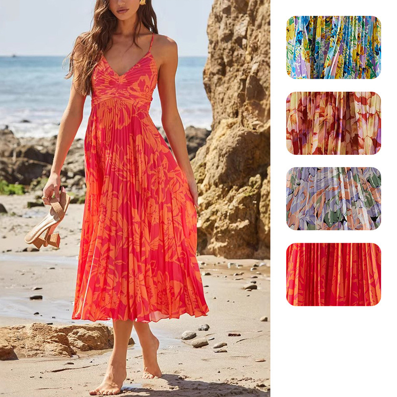 Amazon Cross-border European and American Women's V-neck Strap dress Printed Sleeveless Beach Pleated Fashion Sexy 8087