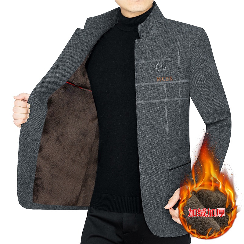 Chaqueta de lana gruesa para hombres de mediana edad, otoño e invierno 2025, cuello alto, estilo casual de negocios, abrigo de lana para papá