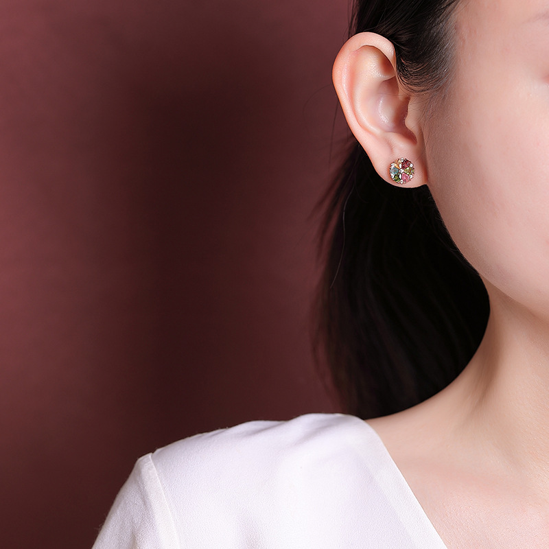 Bông tai bạc S925 mạ vàng hồng đính tourmaline hình hoa cúc ánh sáng — một cặp