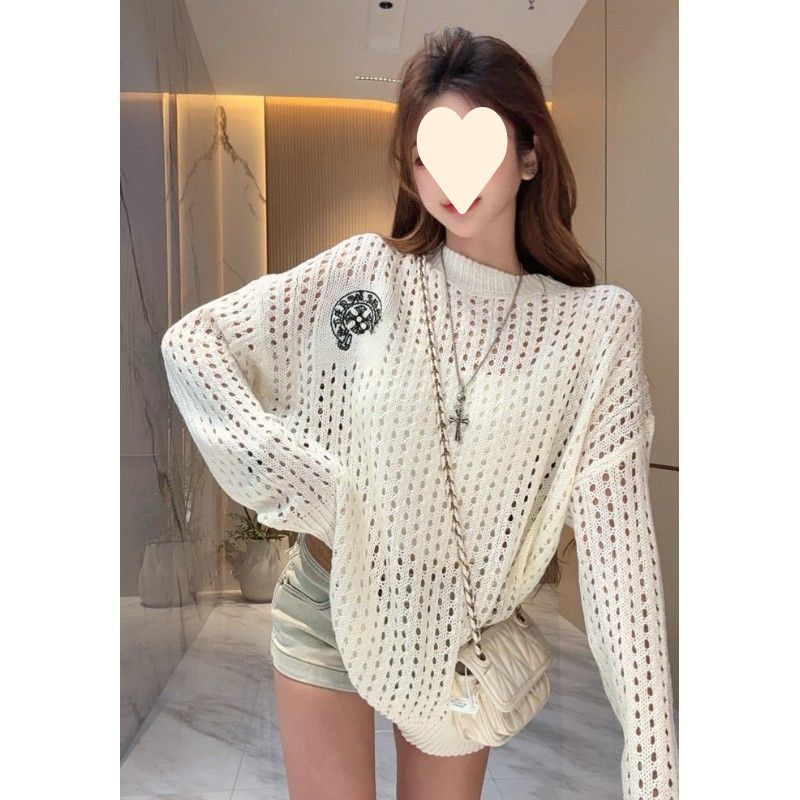 White Round Neck Pullover Hollow Hole Sweater for Women Early Autumn New Korean Style Loose Sun Protection Knitted Blouse